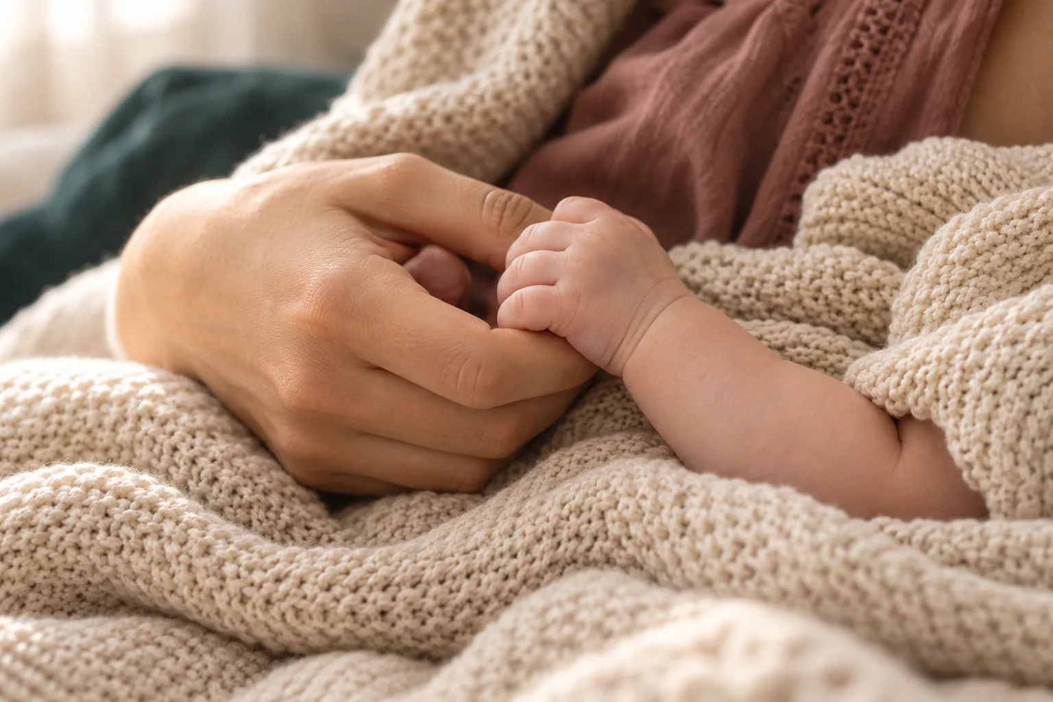 Mão de um adulto segurando com delicadeza a mãozinha de um bebê pequeno, pele com pele, sobre uma manta bege em luz suave